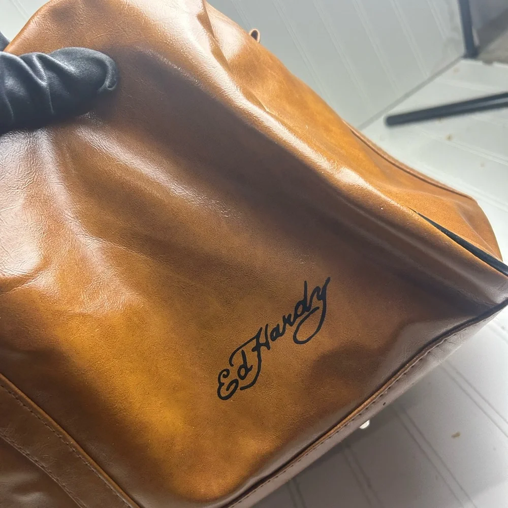 Ed Hardy Brown Leather Duffle Bag NWT Large Travel Weekender Carry On Unisex